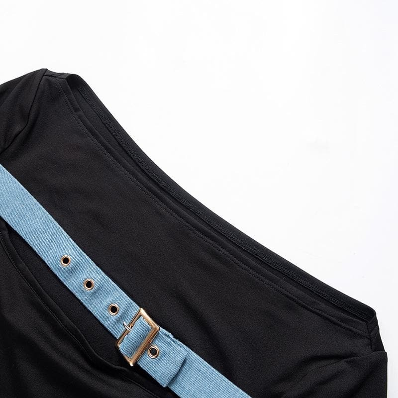 Trendy Y2K Off-Shoulder Cut-Out Top with Buckle Detail - Grunge & Coquette Aesthetic
