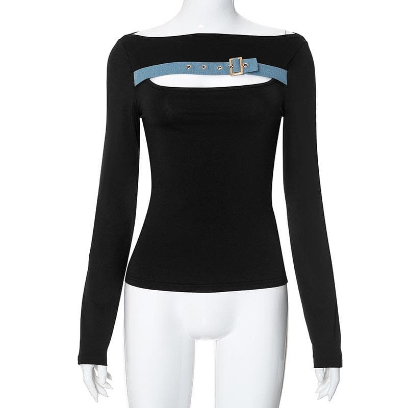 Trendy Y2K Off-Shoulder Cut-Out Top with Buckle Detail - Grunge & Coquette Aesthetic