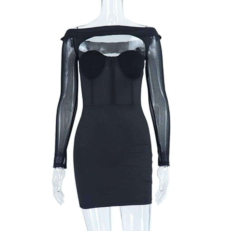 Trendy Y2K Off-Shoulder Mesh Mini Dress with Hollow Out Details for Coquette & Grunge Aesthetics