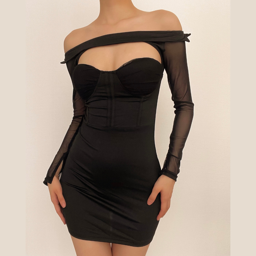 Trendy Y2K Off-Shoulder Mesh Mini Dress with Hollow Out Details for Coquette & Grunge Aesthetics