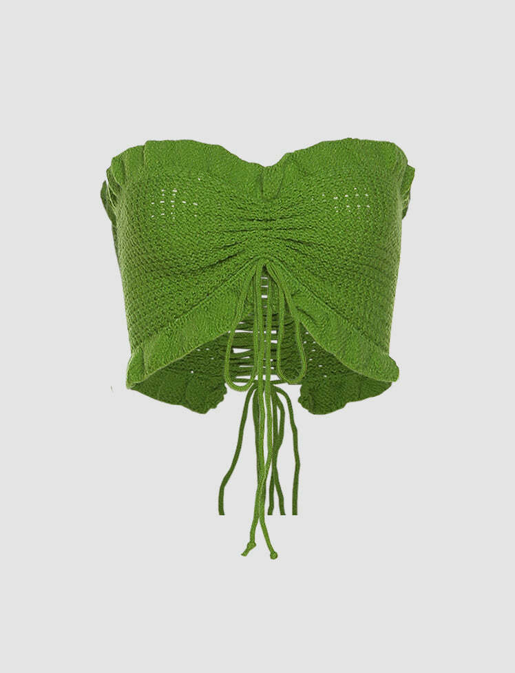 Trendy Y2K Ruffled Drawstring Bandeau Top - Cute Pastel Goth & Coquette Aesthetic