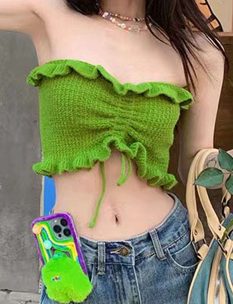 Trendy Y2K Ruffled Drawstring Bandeau Top - Cute Pastel Goth & Coquette Aesthetic