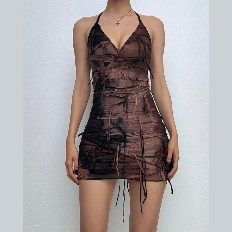 Trendy Y2K Tie-Dye V-Neck Mini Dress with Tassels - Perfect for Coquette & Grunge Aesthetics