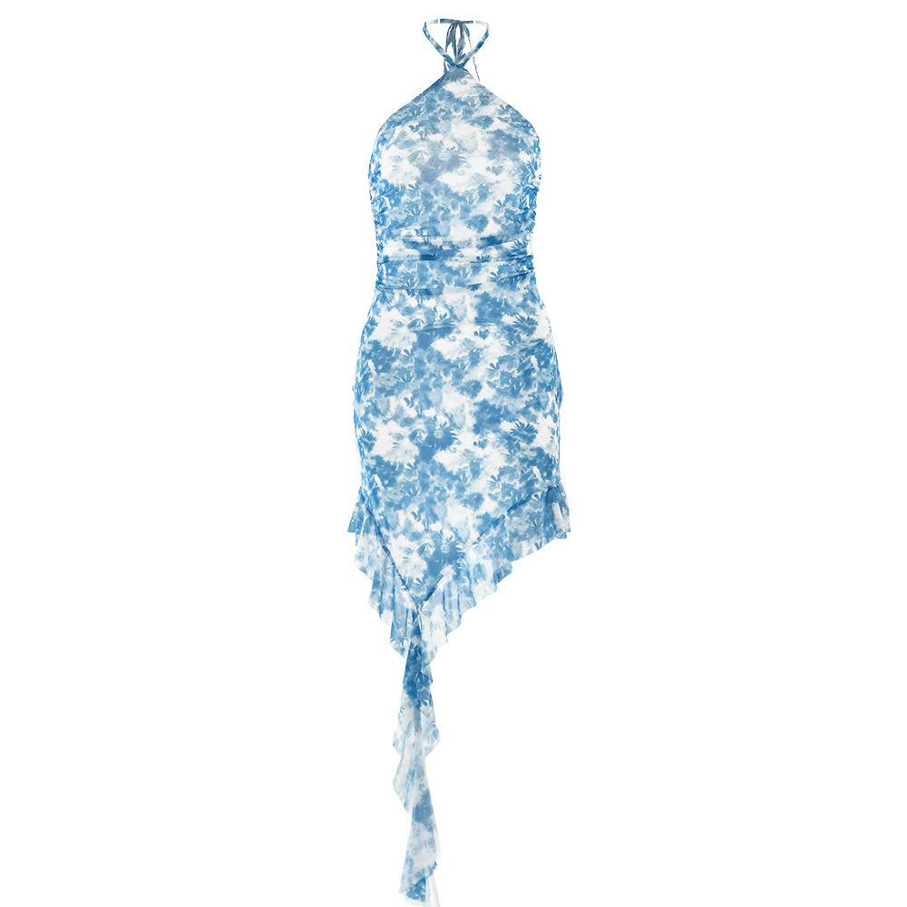 Trendy Y2K Tie Dye Backless Mini Dress with Ruffle Hem for Coquette & Grunge Aesthetic