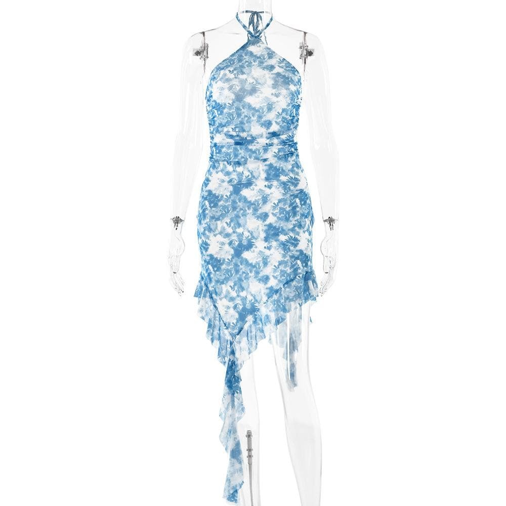 Trendy Y2K Tie Dye Backless Mini Dress with Ruffle Hem for Coquette & Grunge Aesthetic