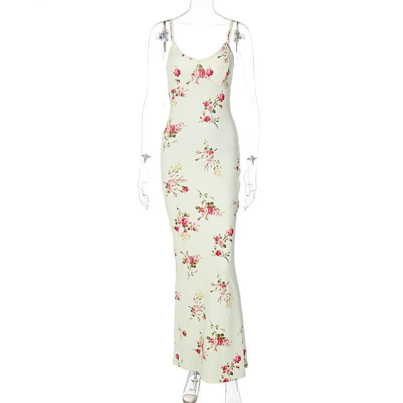 U Neck Backless Flower Print Maxi Dress - Y2K Aesthetic, Coquette Style, and Grunge Vibes