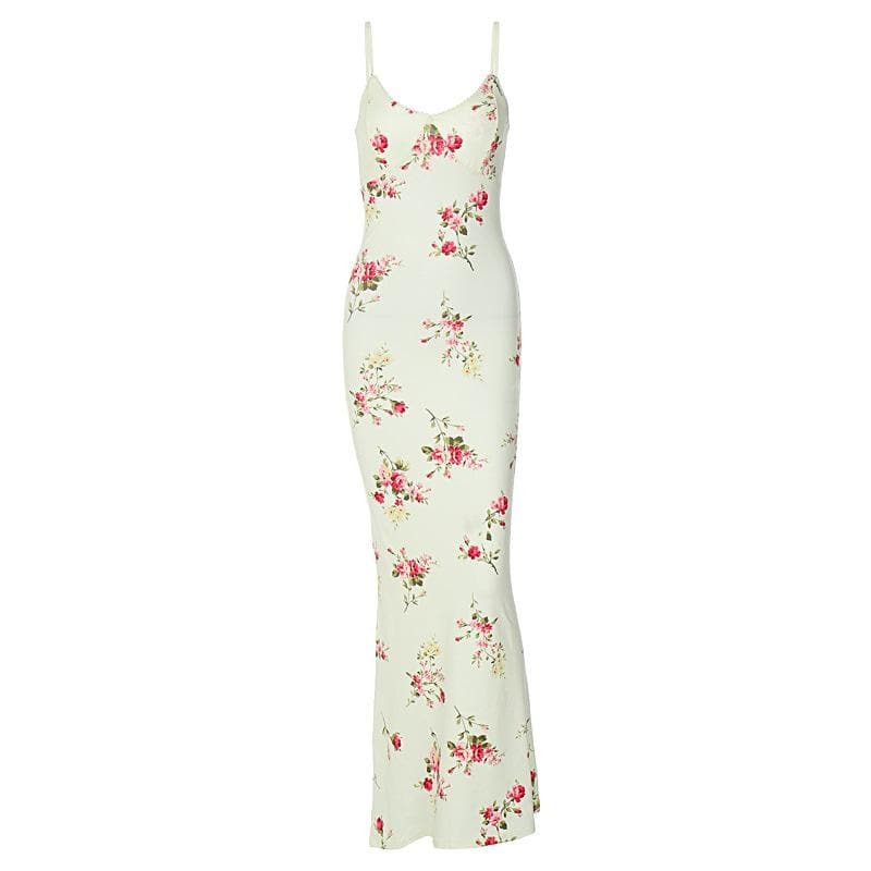 U Neck Backless Flower Print Maxi Dress - Y2K Aesthetic, Coquette Style, and Grunge Vibes