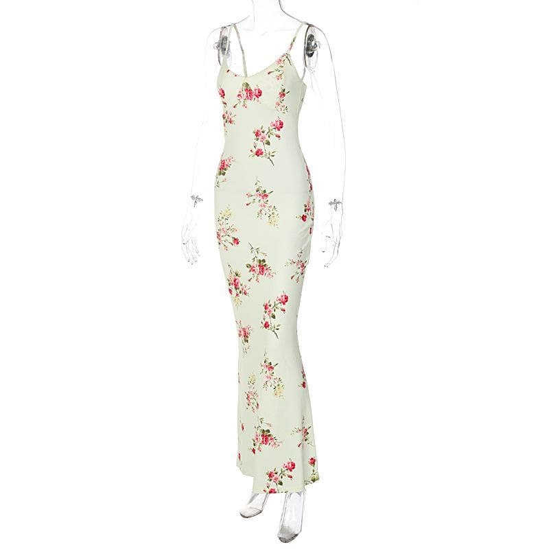 U Neck Backless Flower Print Maxi Dress - Y2K Aesthetic, Coquette Style, and Grunge Vibes