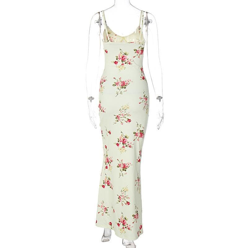 U Neck Backless Flower Print Maxi Dress - Y2K Aesthetic, Coquette Style, and Grunge Vibes