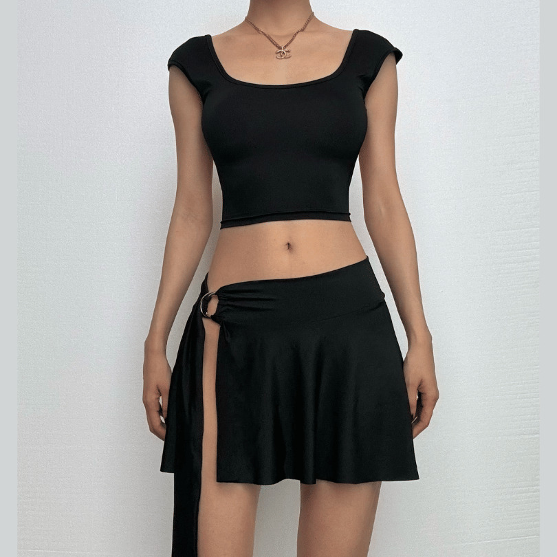 U Neck Backless O-Ring Solid Mini Skirt Set - Y2K Aesthetic, Coquette Style, Cute Tops