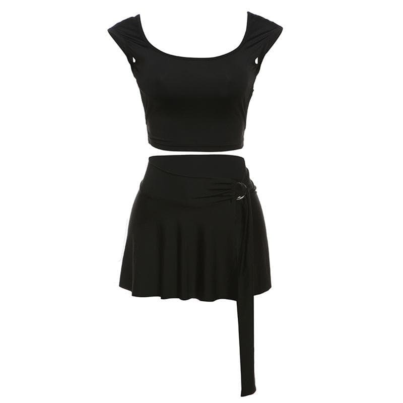 U Neck Backless O-Ring Solid Mini Skirt Set - Y2K Aesthetic, Coquette Style, Cute Tops