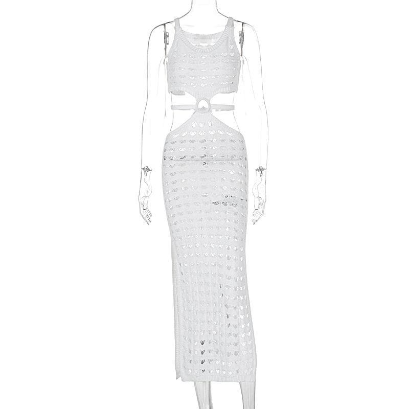 U Neck Knitted O-Ring See-Through Tank Midi Dress - Y2K Aesthetic & Coquette Style
