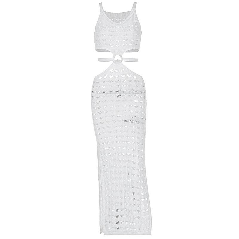 U Neck Knitted O-Ring See-Through Tank Midi Dress - Y2K Aesthetic & Coquette Style
