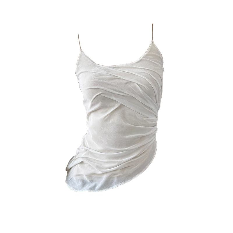 U Neck Ruched Solid Mesh Cami Top - Y2K Aesthetic Cute Crop for Coquette & Grunge Styles
