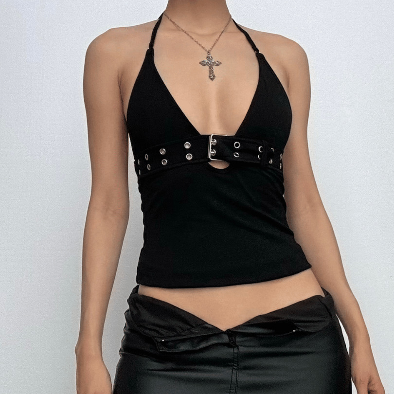 V-Neck Backless Halter Top with Metal Buckle - Y2K Fashion & Coquette Aesthetic