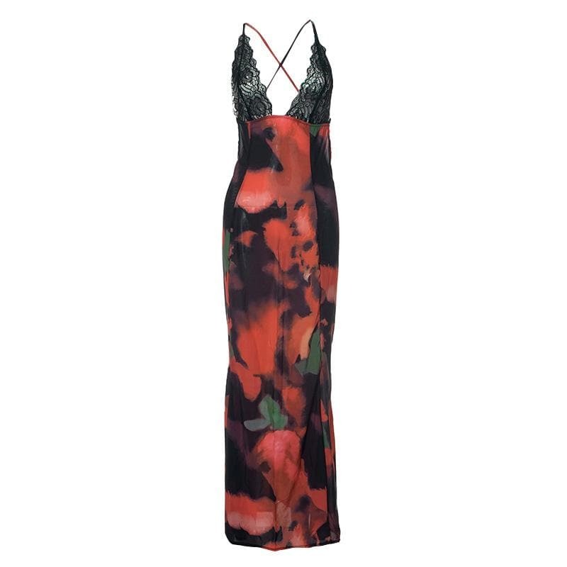 V-Neck Backless Lace Hem Cami Maxi Dress - Y2K Aesthetic, Coquette Style, Cute Fashion