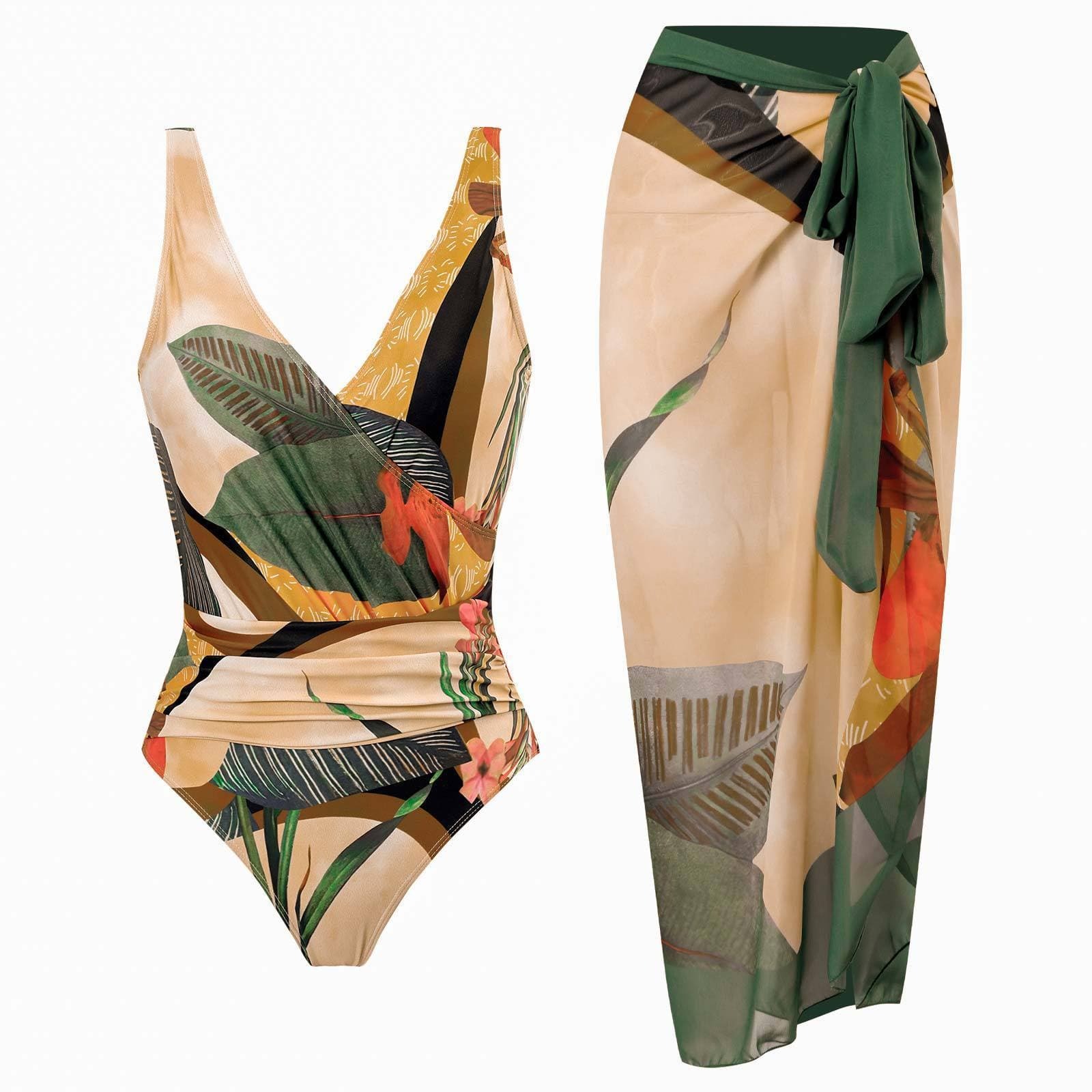 V-Neck Backless Leaf Pattern Ruched One-Piece Swimsuit - Y2K Aesthetic Swimwear