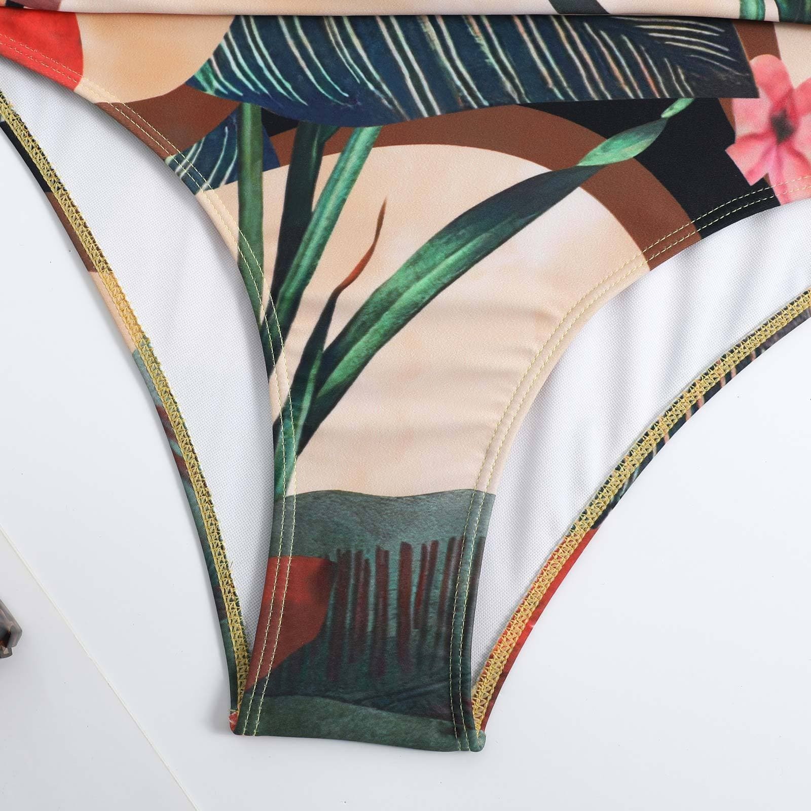V-Neck Backless Leaf Pattern Ruched One-Piece Swimsuit - Y2K Aesthetic Swimwear