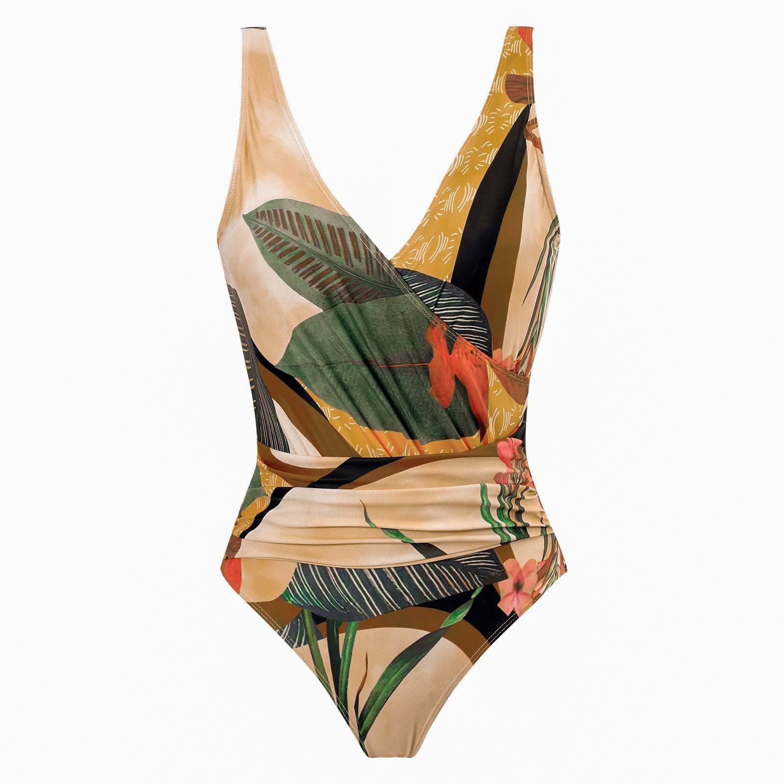 V-Neck Backless Leaf Pattern Ruched One-Piece Swimsuit - Y2K Aesthetic Swimwear