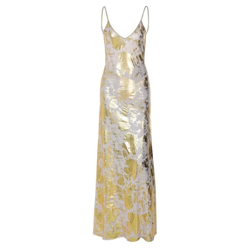 V-Neck Backless Metallic Print Contrast Cami Maxi Dress - Y2K Aesthetic & Coquette Style
