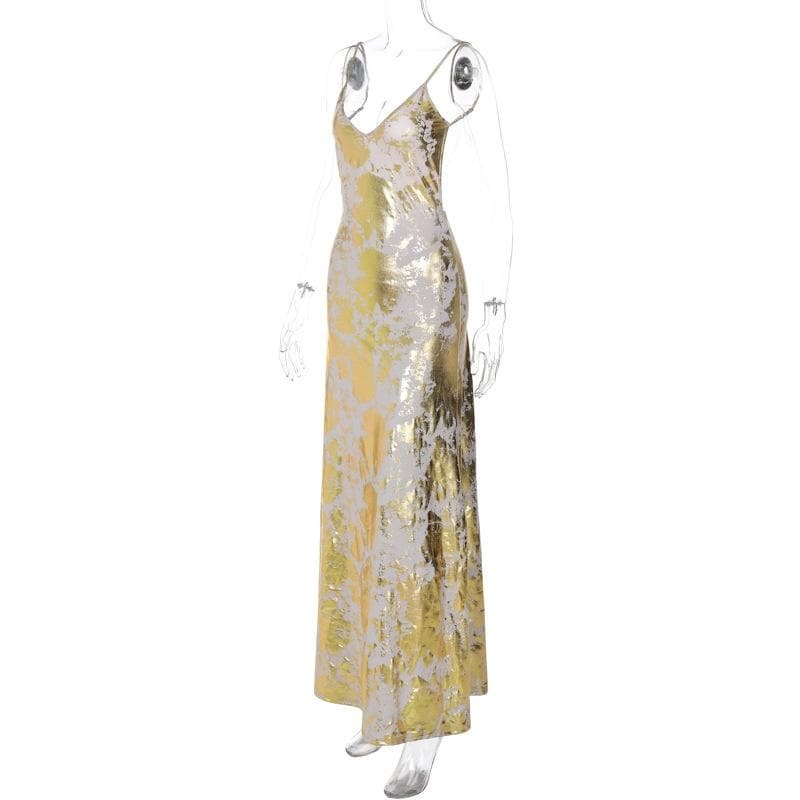 V-Neck Backless Metallic Print Contrast Cami Maxi Dress - Y2K Aesthetic & Coquette Style