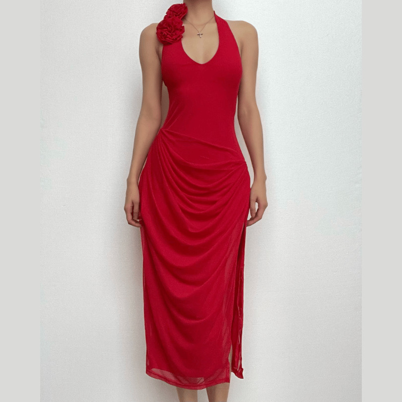 V-Neck Backless Slit Midi Dress with Floral Applique - Y2K Coquette Aesthetic Style