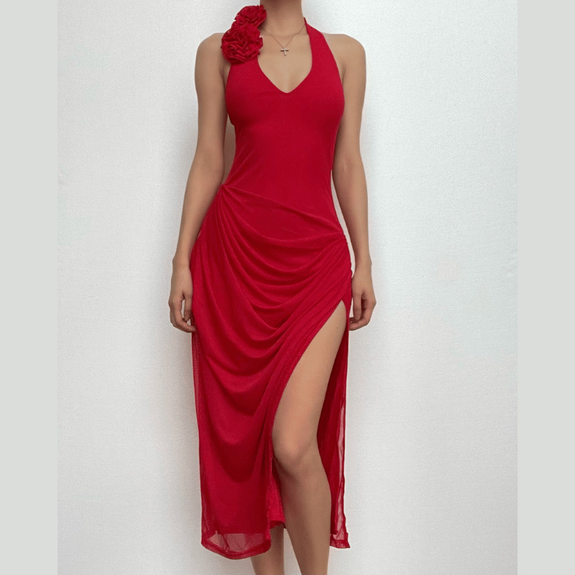 V-Neck Backless Slit Midi Dress with Floral Applique - Y2K Coquette Aesthetic Style