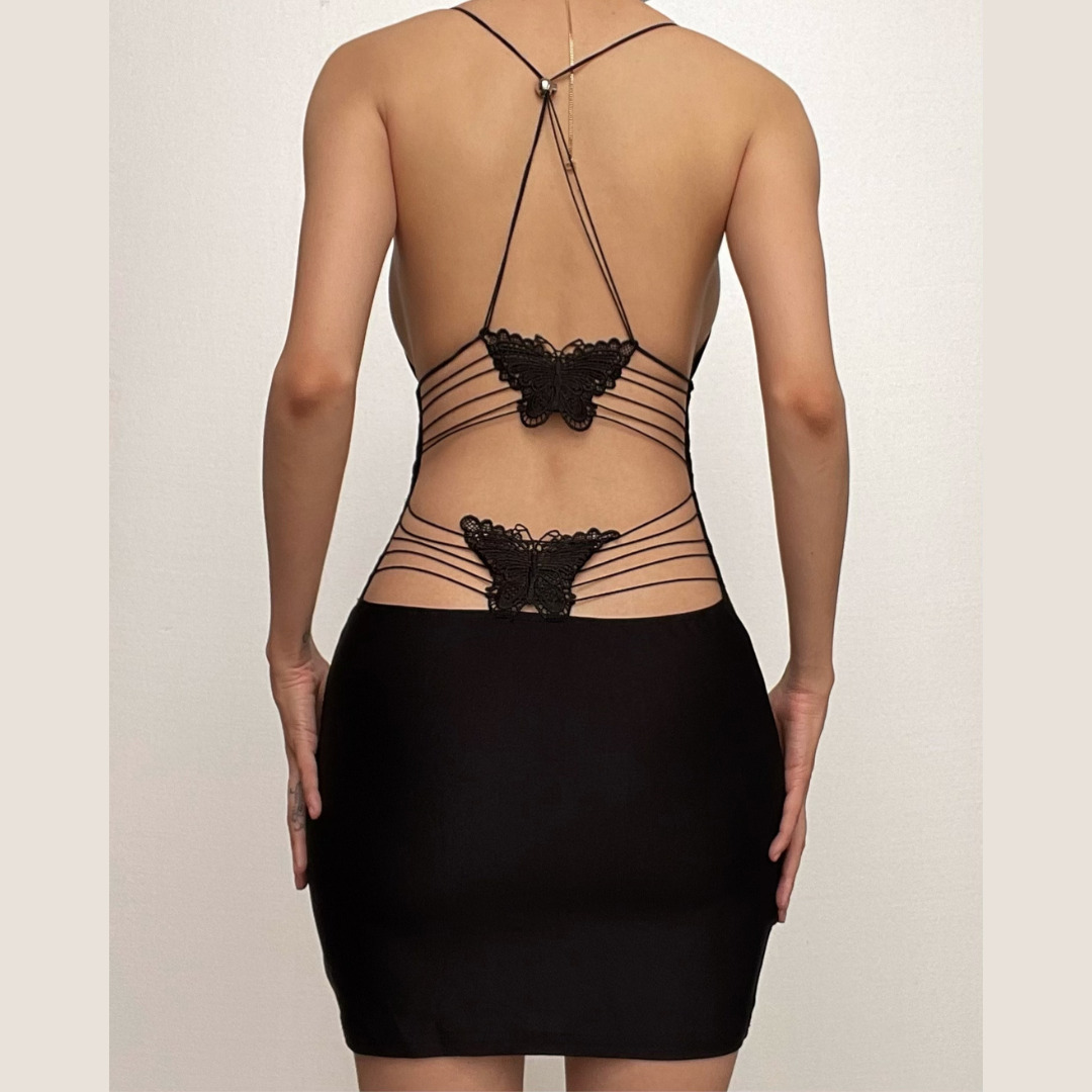 V-Neck Butterfly Embroidery Backless Cami Mini Dress - Y2K Aesthetic & Coquette Style