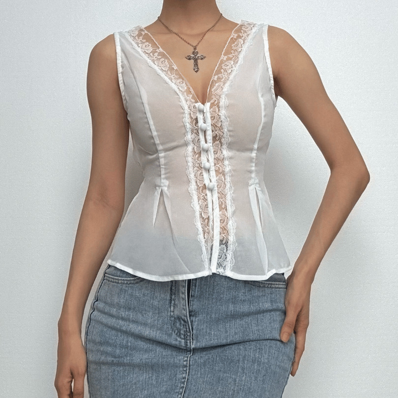 V-Neck Button Lace Hem Solid Tank Top - Y2K Aesthetic Cute Top for Coquette & Grunge Styles