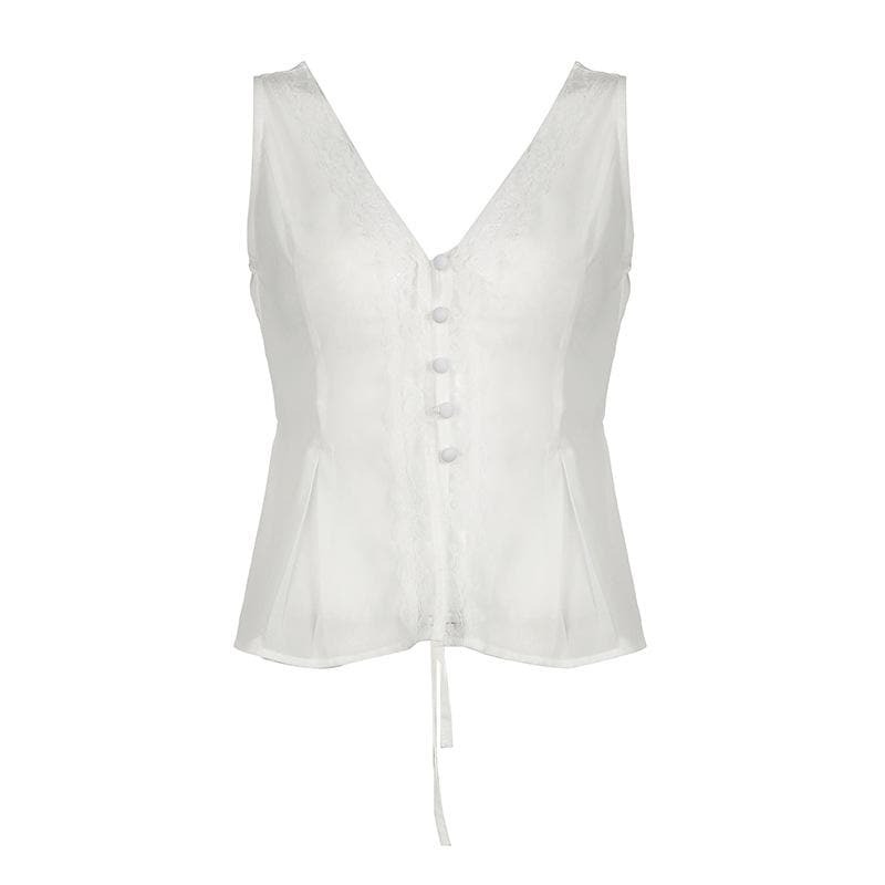 V-Neck Button Lace Hem Solid Tank Top - Y2K Aesthetic Cute Top for Coquette & Grunge Styles