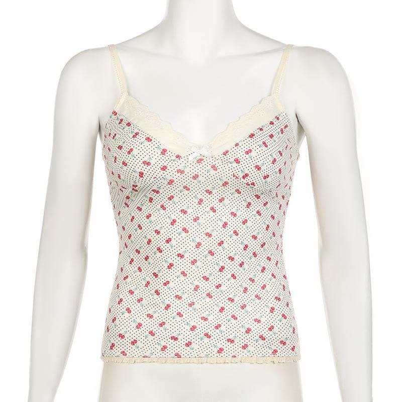 V-Neck Cherry Print Bowknot Lace Hem Polka Dot Cami Top - Y2K Coquette Aesthetic Cute Top