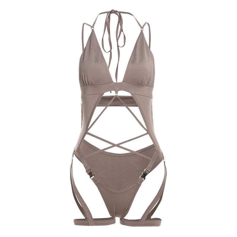 V-Neck Cross Front Hollow Out Solid Cami Bodysuit - Y2K Aesthetic Cute Top for Grunge & Coquette Styles