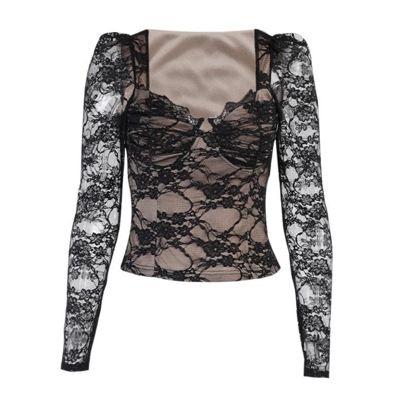 V-Neck Eyelash Lace Puff Long Sleeve Top - Y2K Fashion Meets Coquette Aesthetic