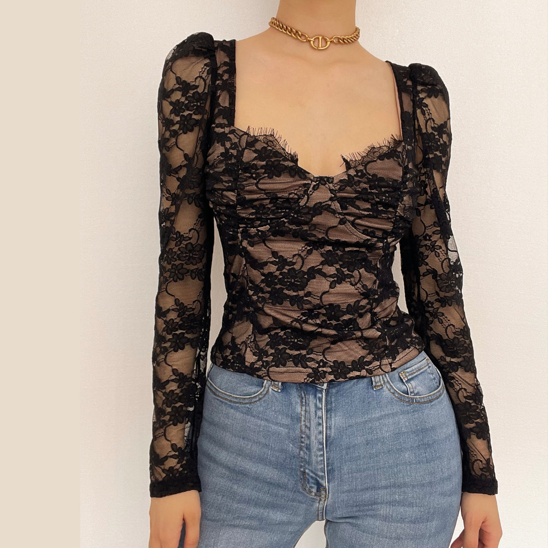 V-Neck Eyelash Lace Puff Long Sleeve Top - Y2K Fashion Meets Coquette Aesthetic