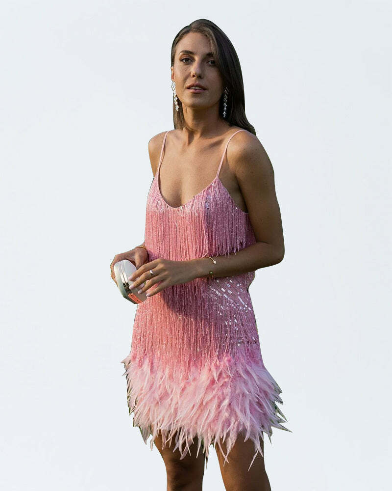 V-Neck Feather Tassel Dress - Y2K Aesthetic, Coquette Style, Cute & Comfy for Any Occasion