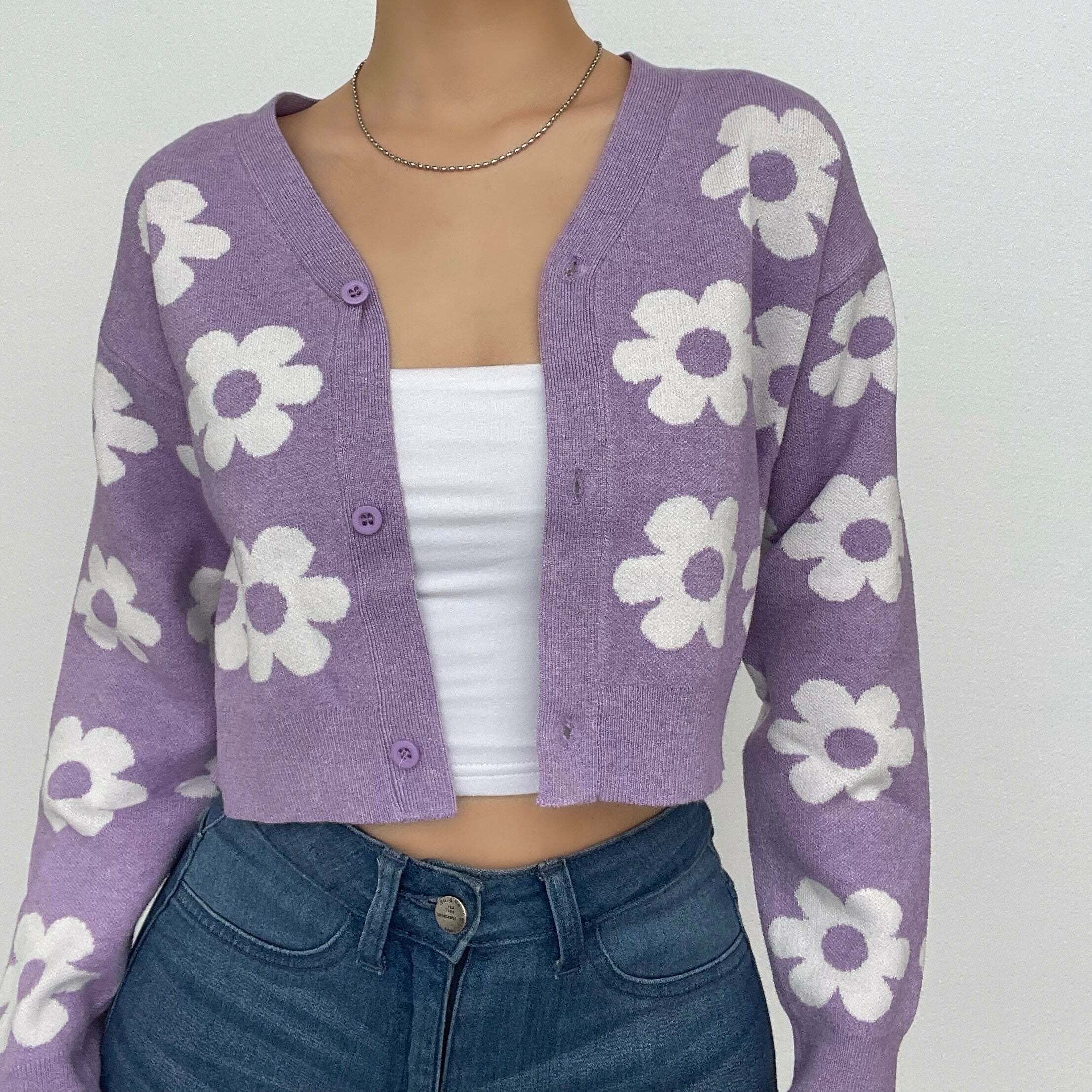 V-Neck Floral Button-Up Knitted Cardigan Top - Y2K Aesthetic Cozy Layering Essential