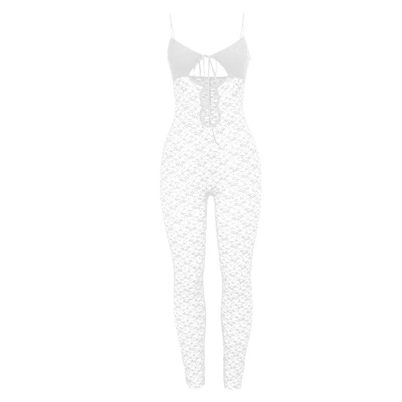 V-Neck Hollow Out Lace Cami Jumpsuit - Y2K Aesthetic, Coquette Style, Cute & Comfy