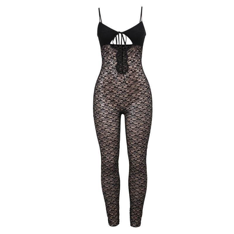 V-Neck Hollow Out Lace Cami Jumpsuit - Y2K Aesthetic, Coquette Style, Cute & Comfy