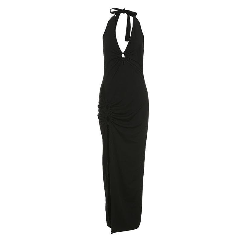 V-Neck Hollow Out Ring Slit Solid Cut-Out Maxi Dress - Y2K Aesthetic & Coquette Style