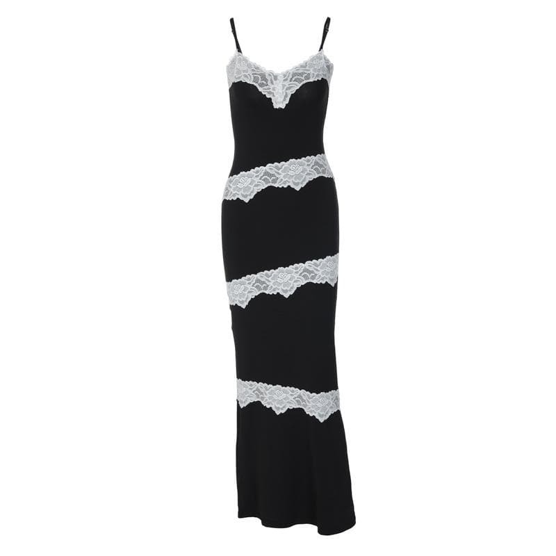 V-Neck Irregular Cami Maxi Dress with Lace Hem - Y2K Aesthetic & Coquette Style