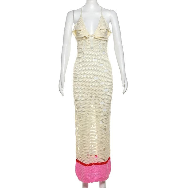 V-Neck Knitted Lace-Up Cut-Out Maxi Dress - Y2K Fashion Meets Coquette Aesthetic