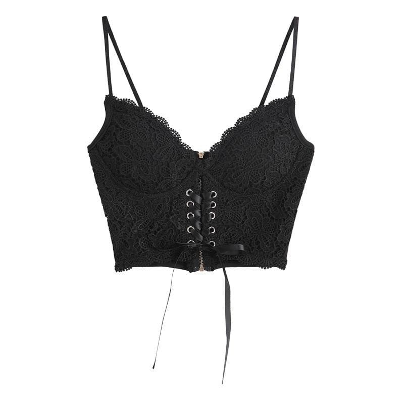 V-Neck Lace-Up Cami Top with Heart Neck and Lace Hem - Y2K Coquette Aesthetic