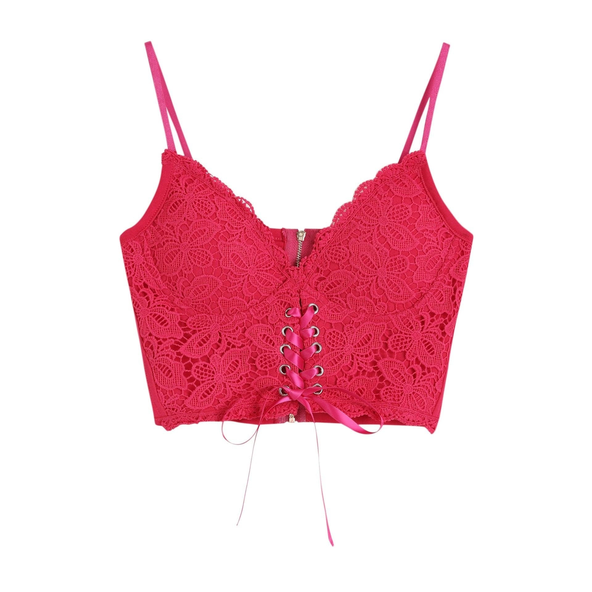 V-Neck Lace-Up Cami Top with Heart Neck and Lace Hem - Y2K Coquette Aesthetic
