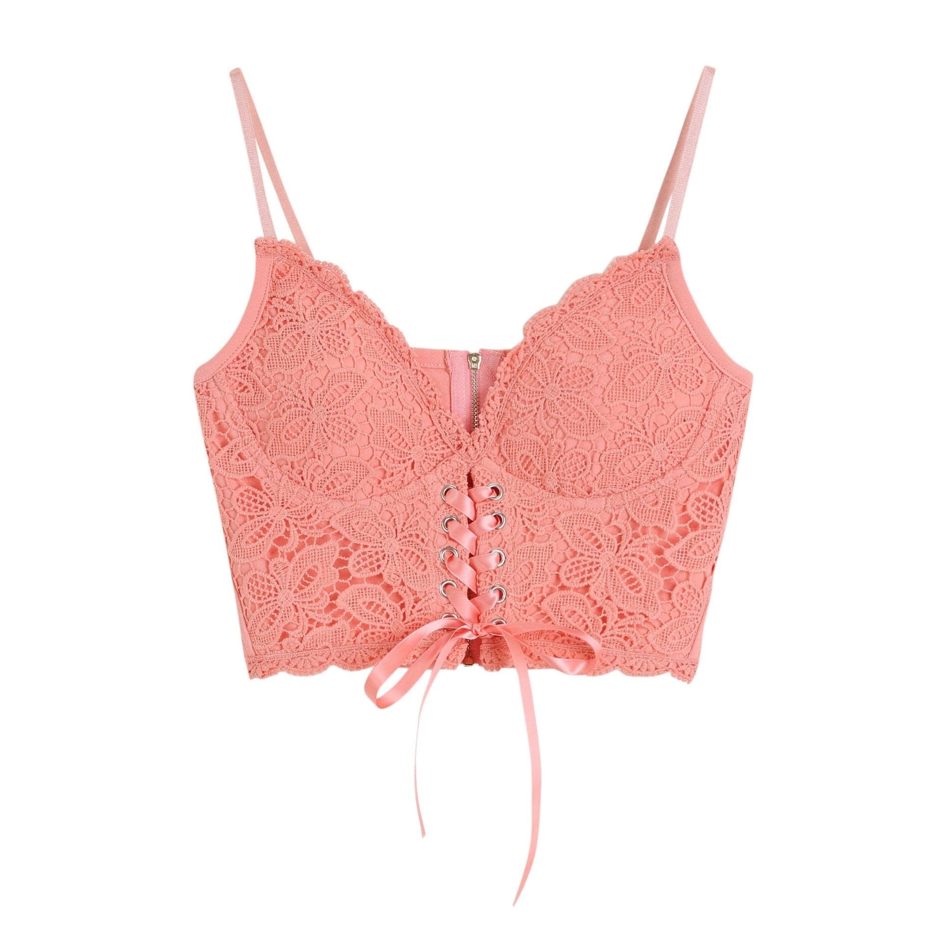 V-Neck Lace-Up Cami Top with Heart Neck and Lace Hem - Y2K Coquette Aesthetic
