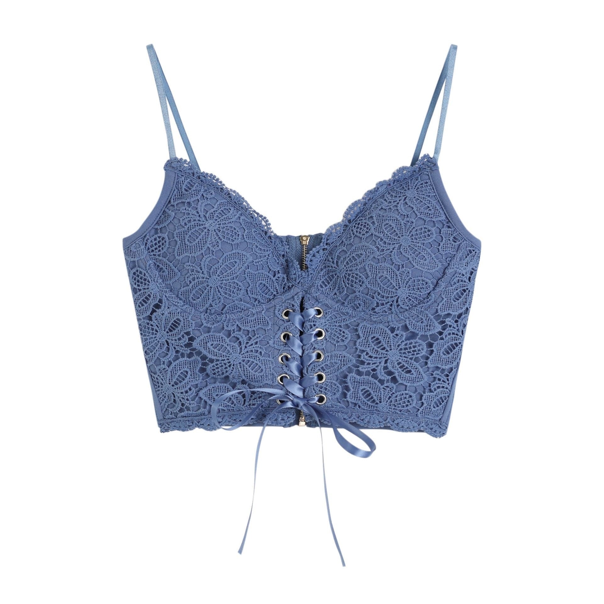 V-Neck Lace-Up Cami Top with Heart Neck and Lace Hem - Y2K Coquette Aesthetic