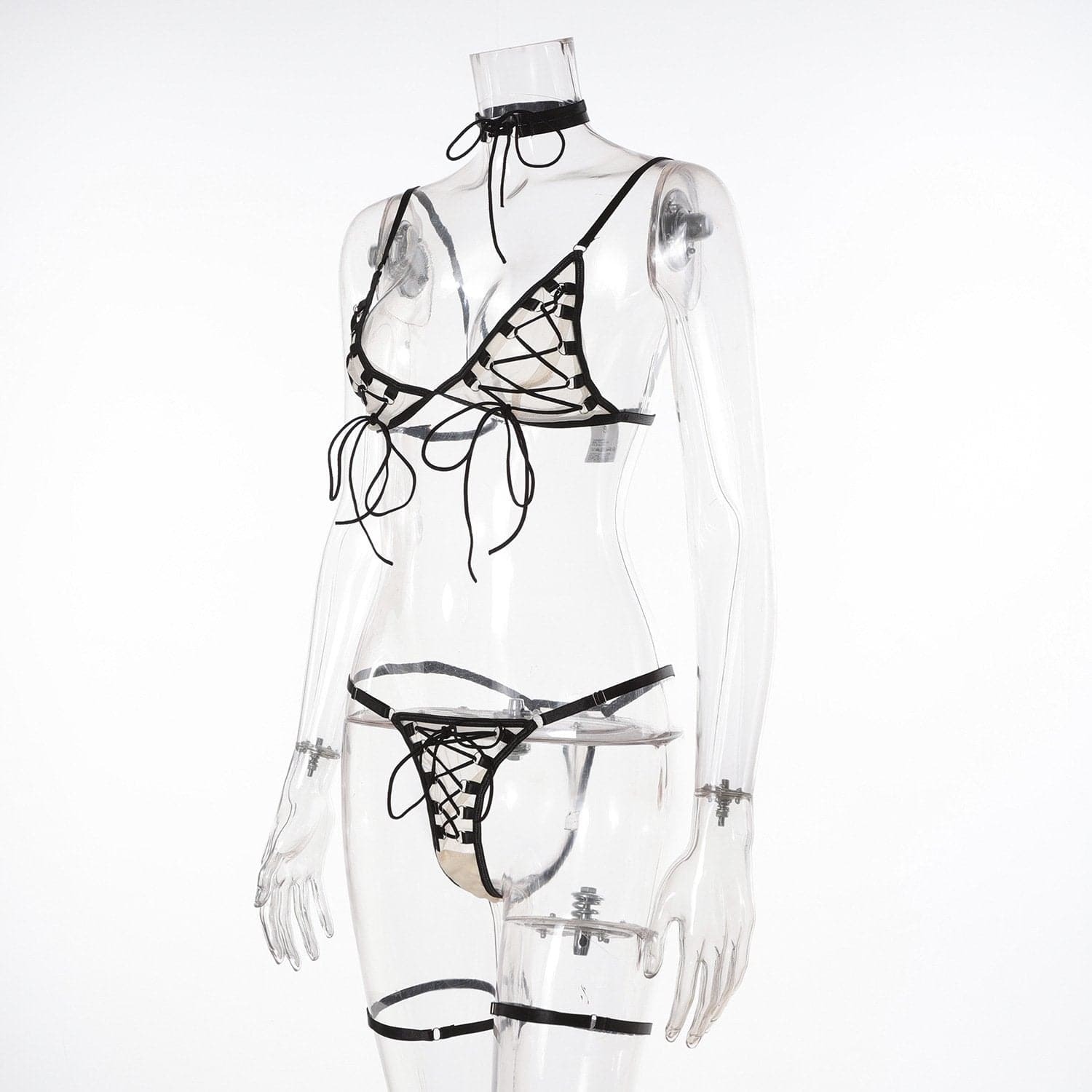 V-Neck Lace-Up Mesh Cami & Pant Set with Choker - Y2K Aesthetic & Grunge Style