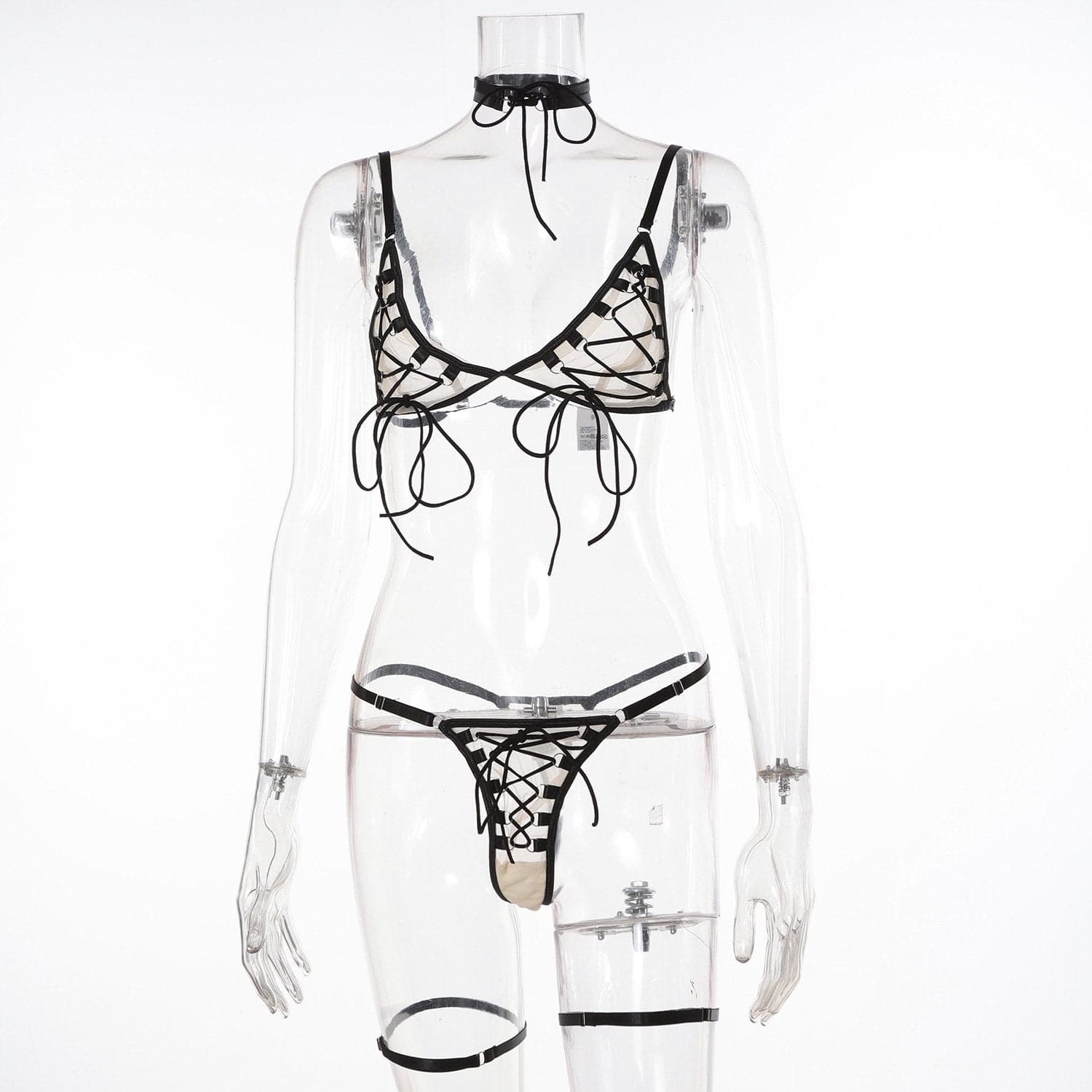 V-Neck Lace-Up Mesh Cami & Pant Set with Choker - Y2K Aesthetic & Grunge Style