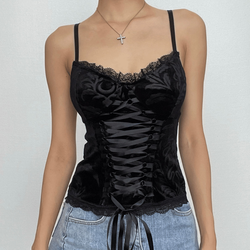 V-Neck Lace-Up Velvet Cami Top - Y2K Fashion, Coquette Aesthetic, Cute Layering Piece