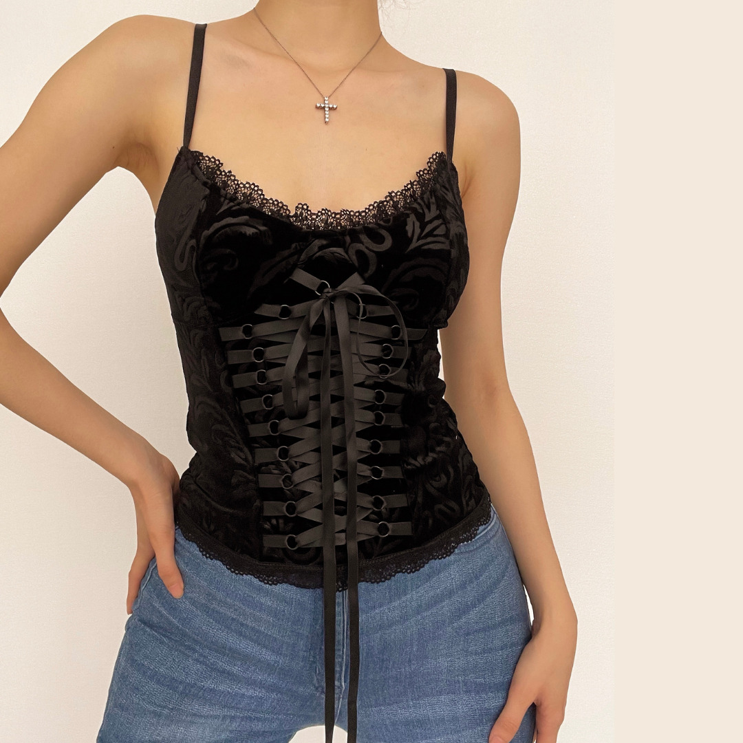V-Neck Lace-Up Velvet Cami Top - Y2K Fashion, Coquette Aesthetic, Cute Layering Piece