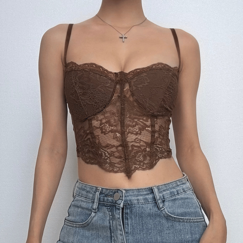 V-Neck Lace Bustier Cami Top - Y2K Aesthetic Backless Cute Top for Coquette & Grunge Styles